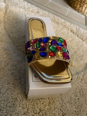 SHEIN Gold Jeweled Multi-Color Slide Sandals